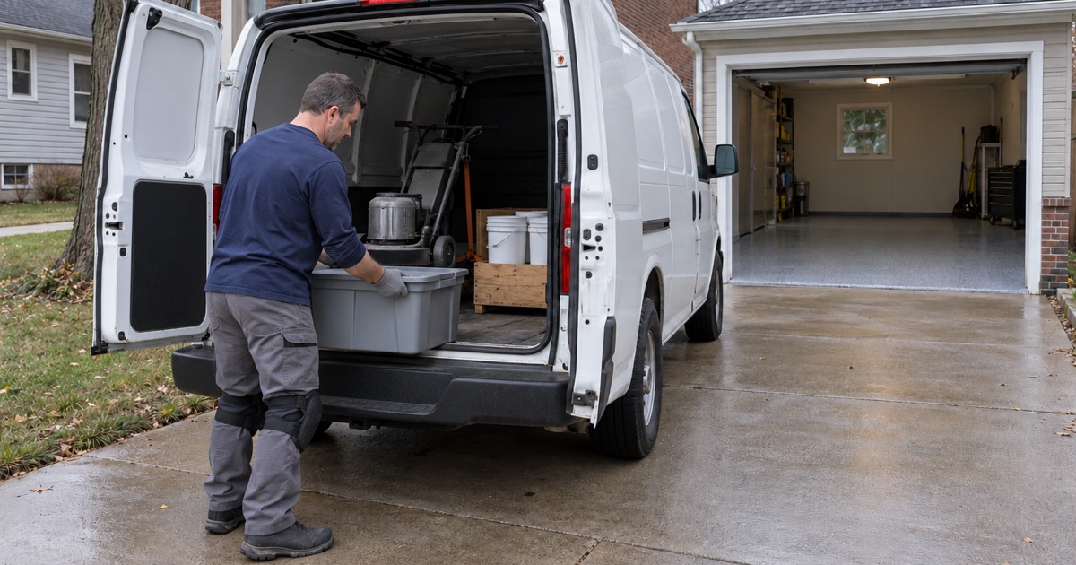 Coating kits loaded into a plain work van on a Kenosha driveway at the start of a job.