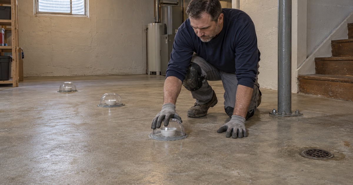 A sealed moisture test dome pressed onto a bare Kenosha basement floor before a coating is quoted.