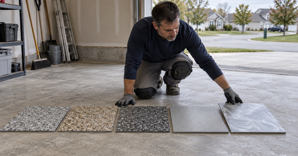 Coated sample boards laid out on a ground Kenosha garage floor so an owner can compare flake, quartz and metallic finishes.