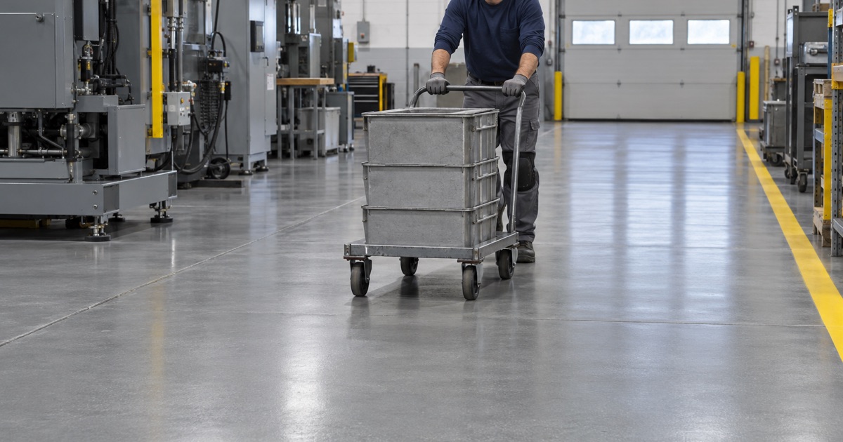 A loaded cart rolled across a new coated assembly floor in a Kenosha industrial building.