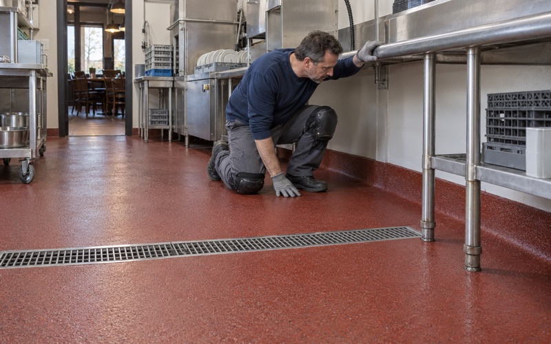 A red quartz urethane cement floor with a coved base and trench drain in the dish area of a Kenosha restaurant kitchen.