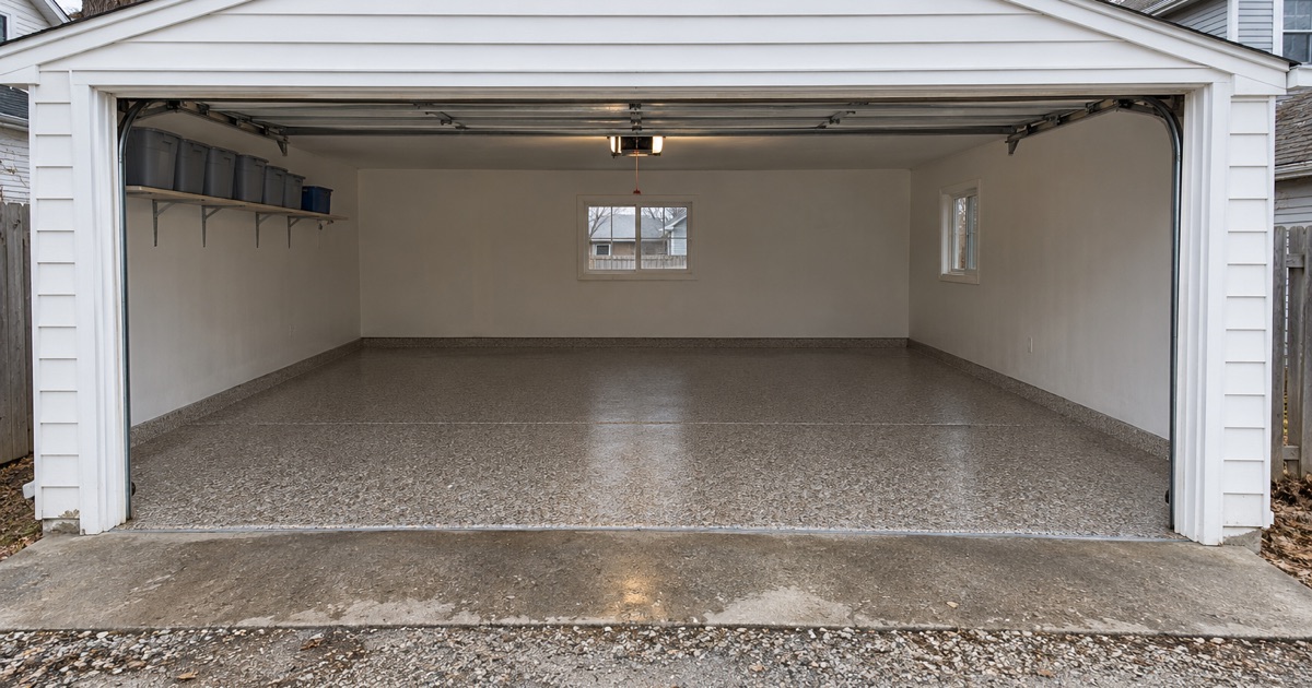 A finished flake floor seen from the alley through the open door of a detached garage in Kenosha.
