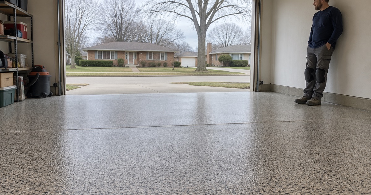 A finished flake floor in the attached garage of a 1950s Kenosha brick ranch, the door raised to a quiet street of maples.