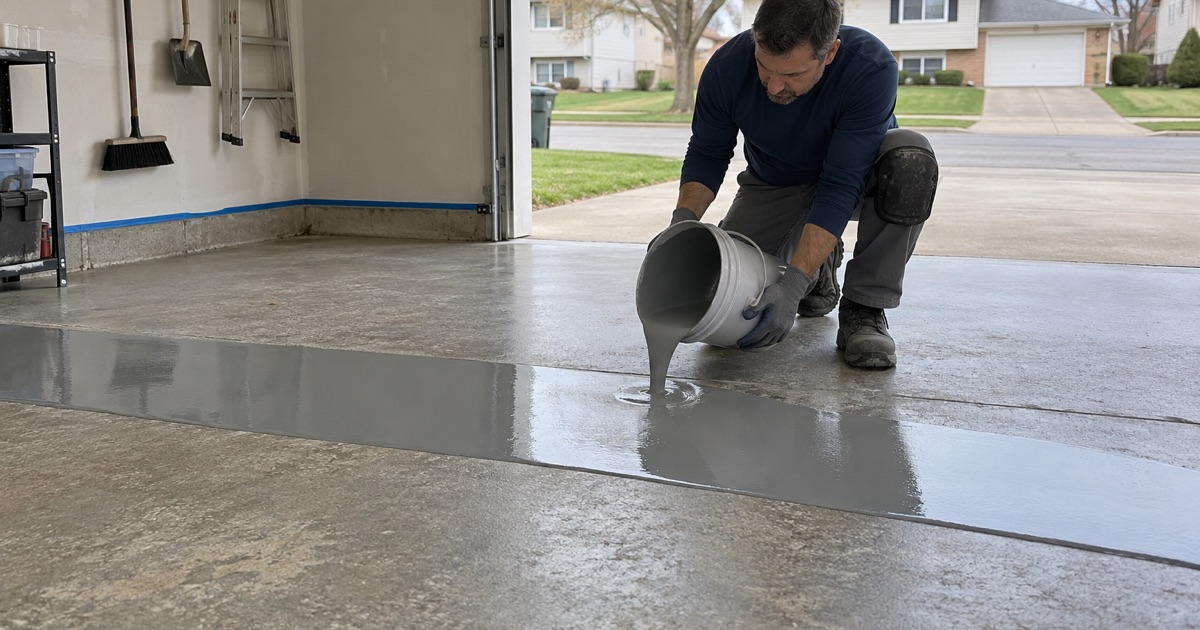A ribbon of gray epoxy base coat poured onto a ground garage slab in a Kenosha split-level, ready to be spread.