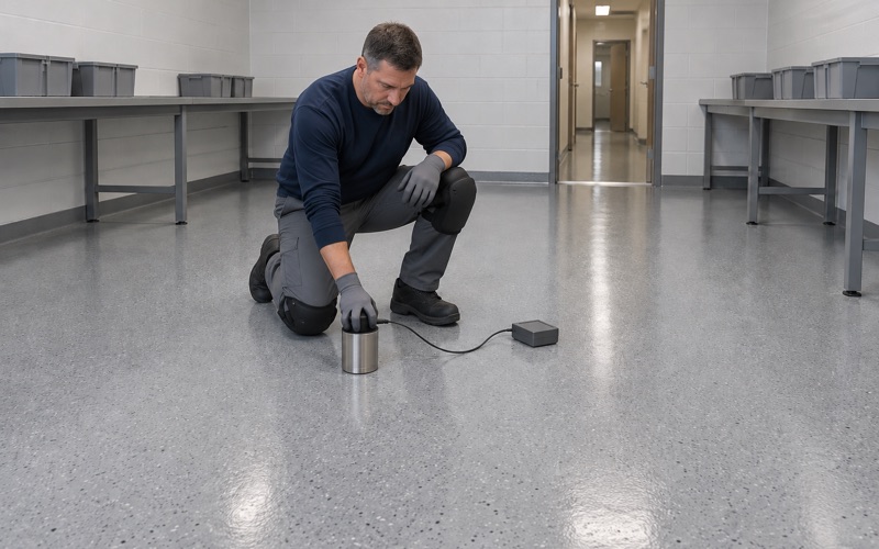 A static-dissipative floor tested with a heavy cylindrical electrode in a Kenosha electronics assembly room.