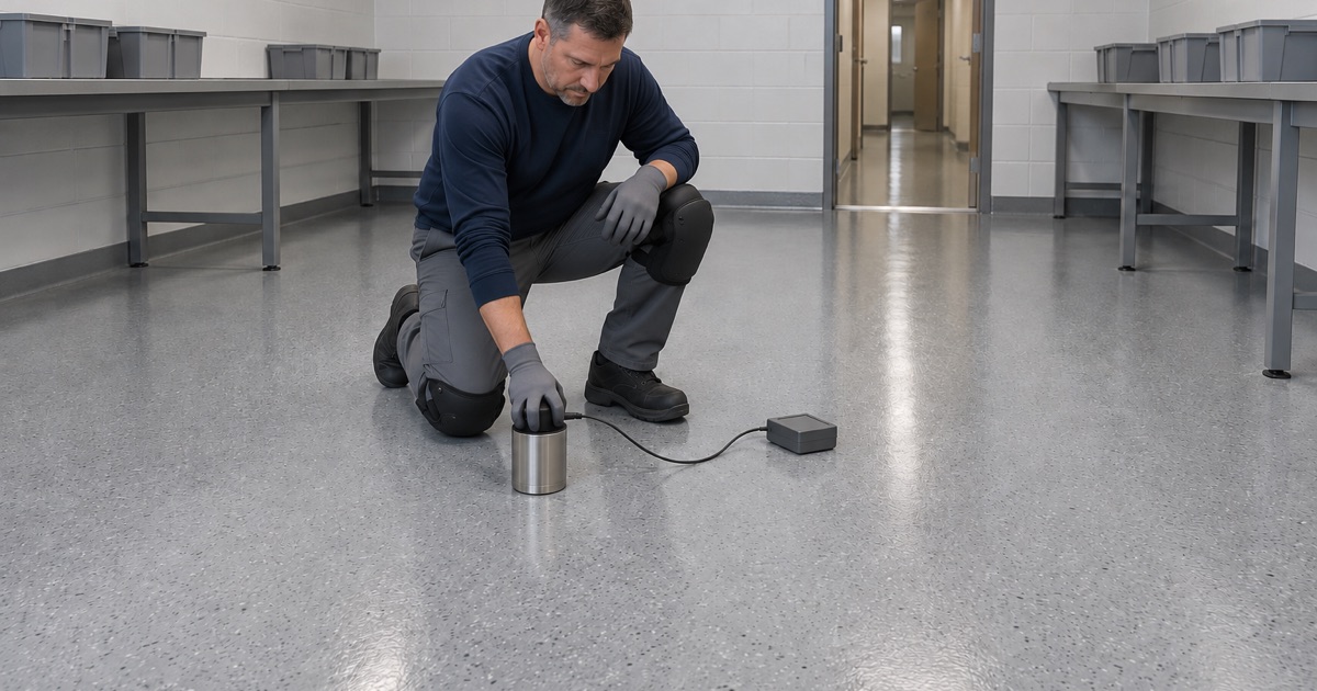 A static-dissipative floor tested with a heavy cylindrical electrode in a Kenosha electronics assembly room.