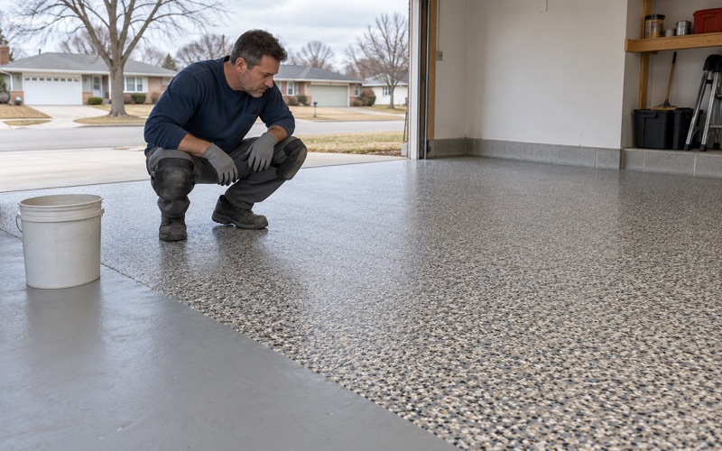 A full-broadcast flake floor inspected at its working edge in a Kenosha ranch garage.