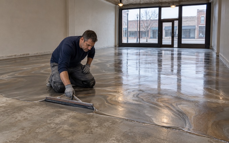 Metallic epoxy pushed across the floor of a downtown Kenosha storefront, pearl and bronze pigment swirling as it spreads.