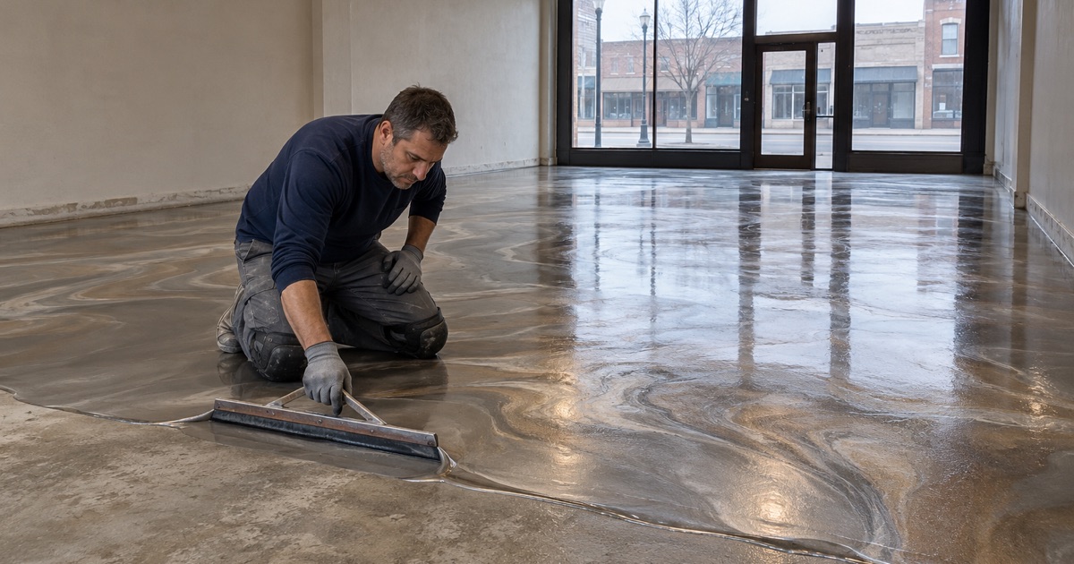 Metallic epoxy pushed across the floor of a downtown Kenosha storefront, pearl and bronze pigment swirling as it spreads.