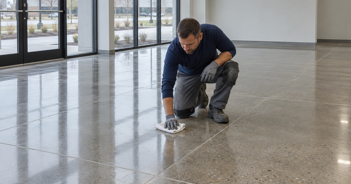 A final buff on a polished concrete floor in a new Kenosha office and lab building.