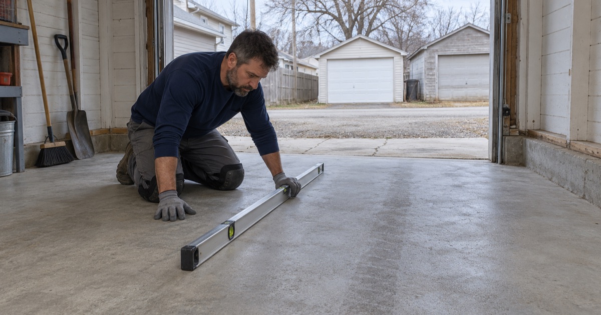 A long level laid on a ground Kenosha garage slab to read its fall toward the overhead door before any coating goes down.