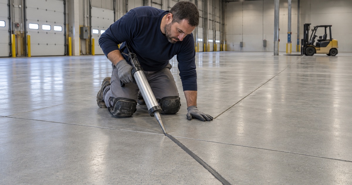 Semirigid filler run into a saw-cut joint on the coated floor of a Kenosha distribution building along I-94.